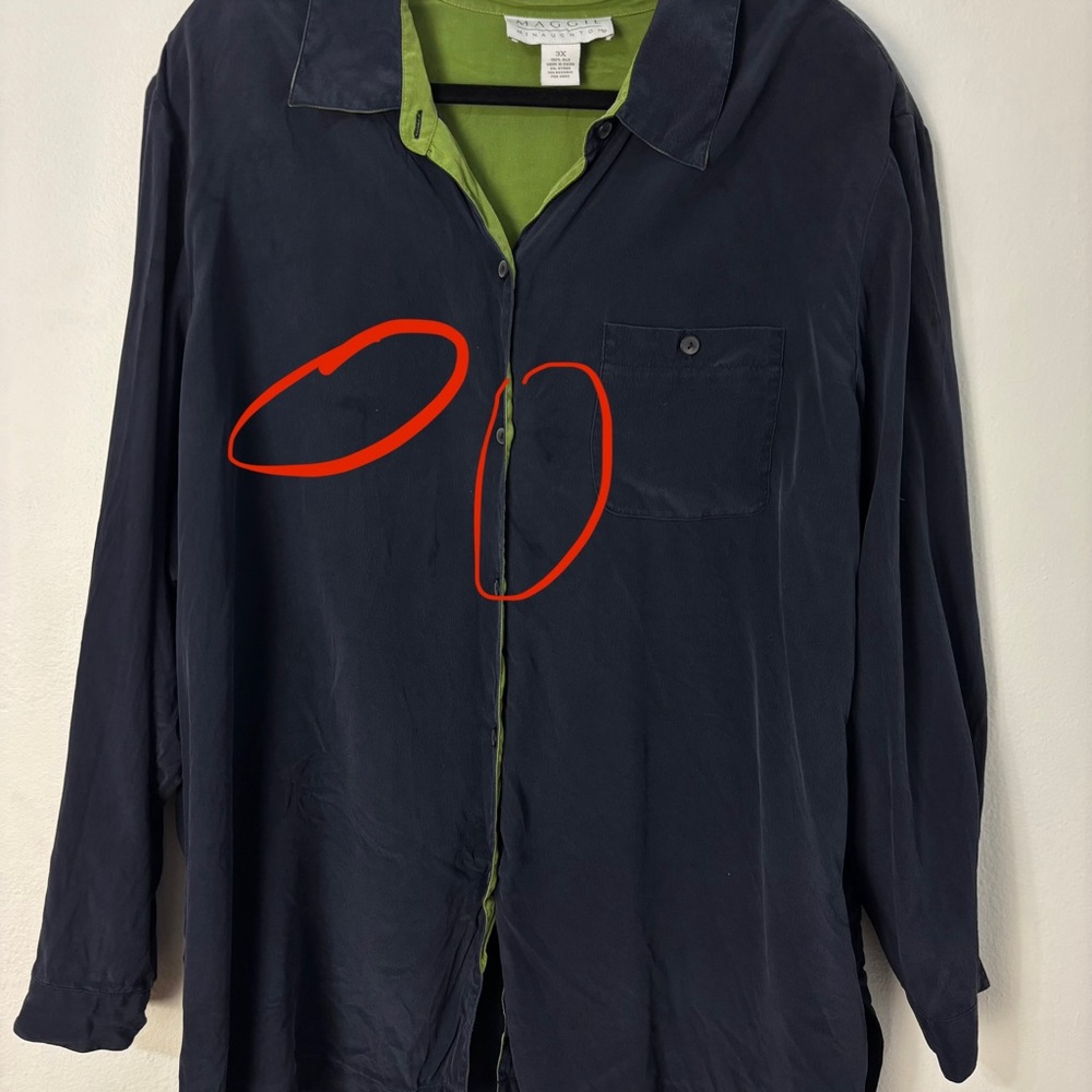 Vtg Maggie McNaughton‎ Womens Silk Navy Green Buttoned Long Sleeve Tunic Top 3X - Picture 5 of 11